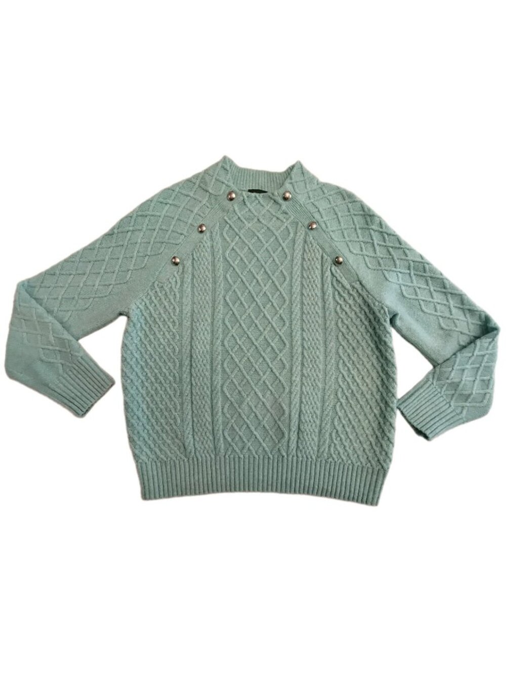 Talbots Petite LP Light Green Cable Knit Sweater Button Accent Long Sleeve